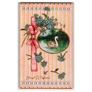 Vintage Embossed Postcard: Swan, Forget-Me-Nots, Pink Ribbon - Best Wishes